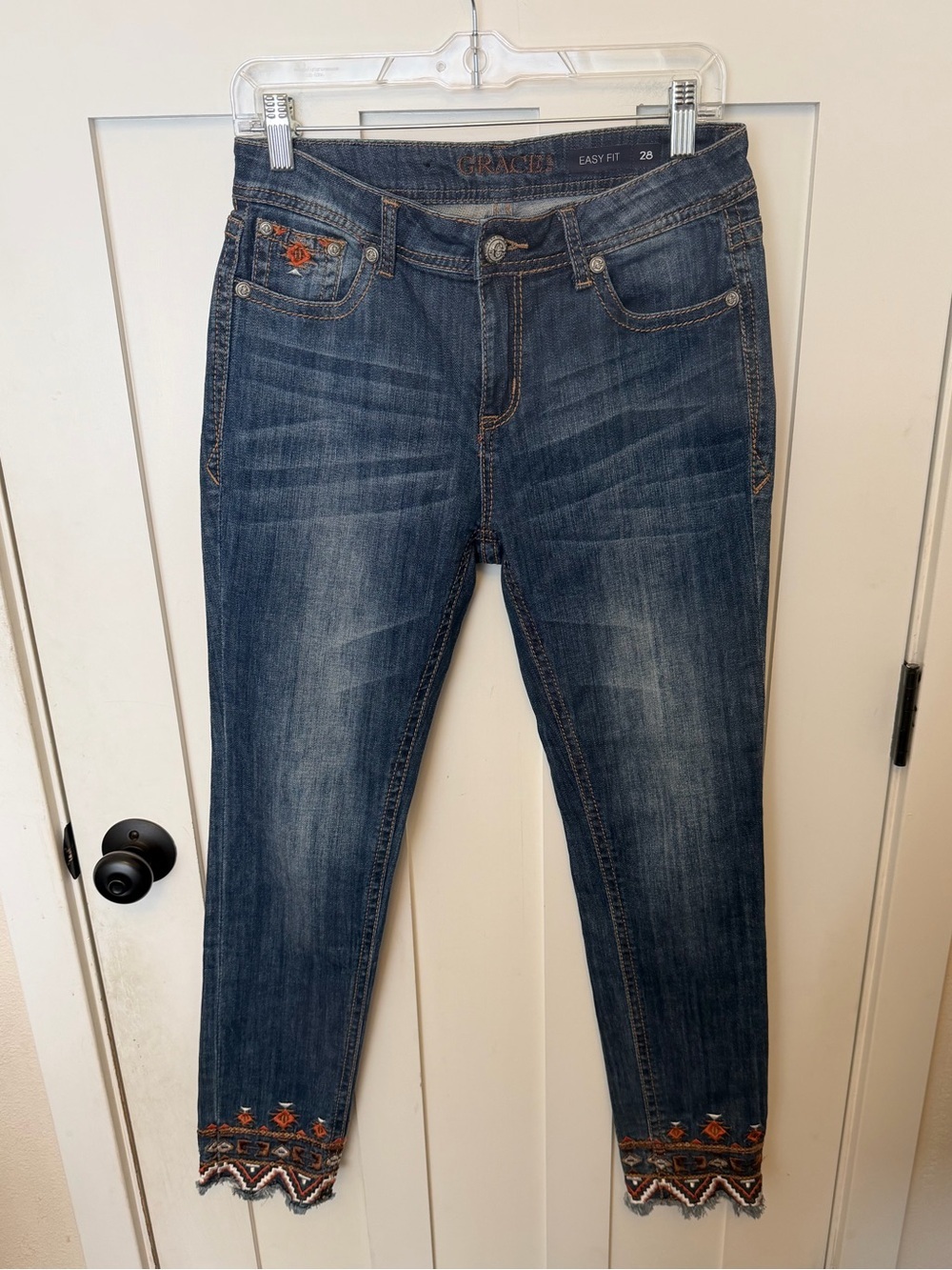 Grace Embroidered western Jeans Size 28 Easy Fit Boho Straight Slim Leg